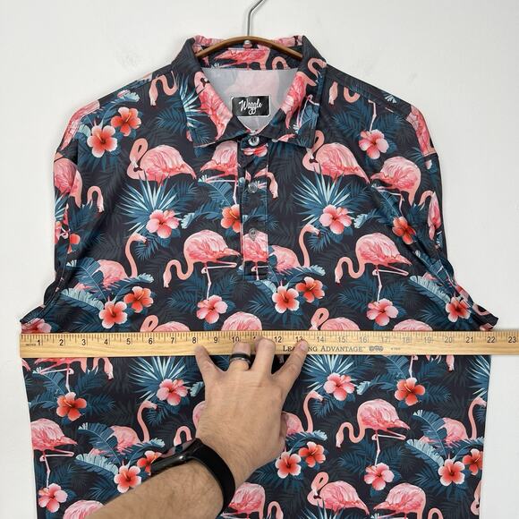 Waggle Golf Polo‎ Shirt Men's Large Navy Jungle Pink Flamingo Hawaiian Blossom - Picture 7 of 7